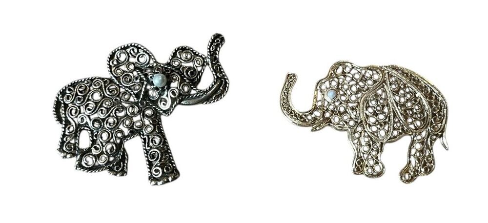 2 Elephant Brooches Gold Tone Filigree Faux Pearl Eye Vintage Trunk Up Good Luck
